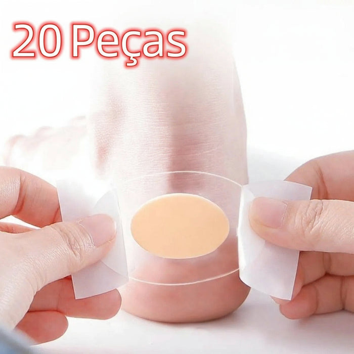 Curativo adesivo transparente para pés calcanhar, 20 peças, sendo aplicado no pé