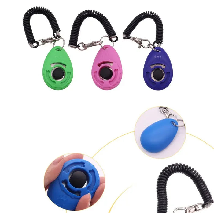 Clicker colorido para adestramento de cães, com mosquetão e pulseira espiral