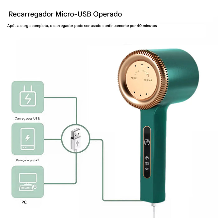 Secador de cabelo verde com carregamento micro-USB, painel digital e conexão USB, portátil