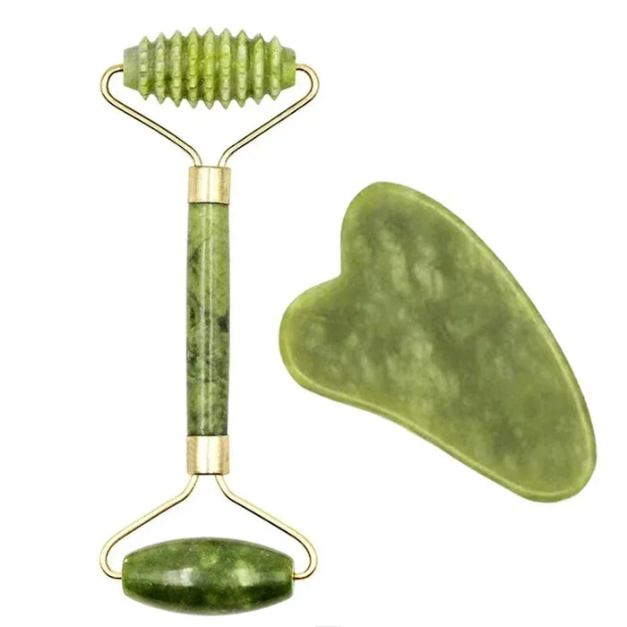 Rolo facial de jade e pedra gua sha verde para massagem e cuidados com a pele