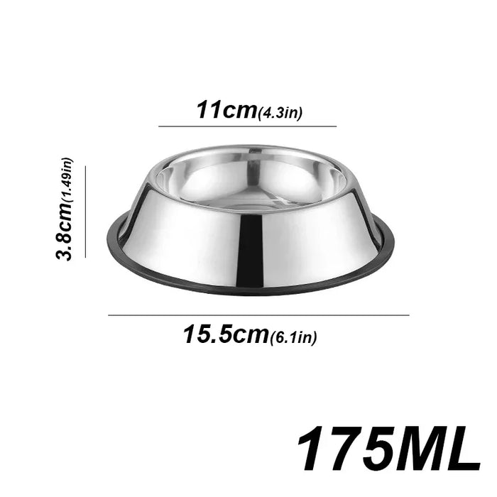 Comedouro de inox para pets 175ml com medidas, diâmetro 15,5cm, altura 3,8cm.