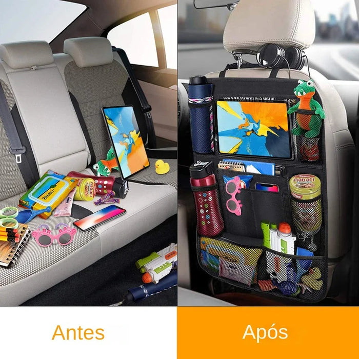 Antes e depois de organizador de carro para assento traseiro com brinquedos e tablet.