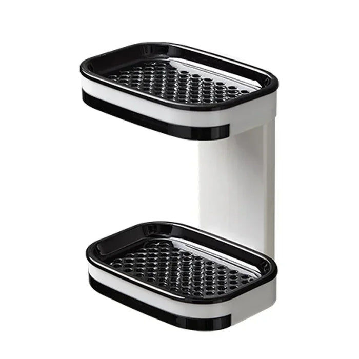 Suporte organizador de parede para banheiro preto e branco com duas prateleiras retangulares