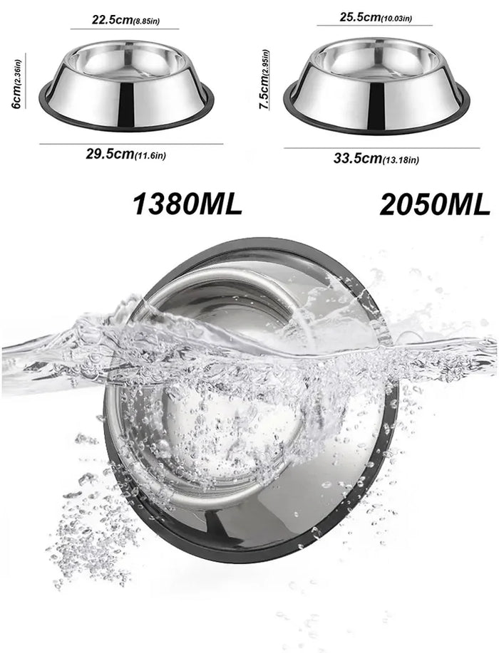 Tigelas de inox para cães grandes, tamanhos 1380ml e 2050ml, laváveis e resistentes.