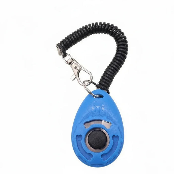 Clicker de adestramento azul com botão preto e cordão espiral para treino de cães