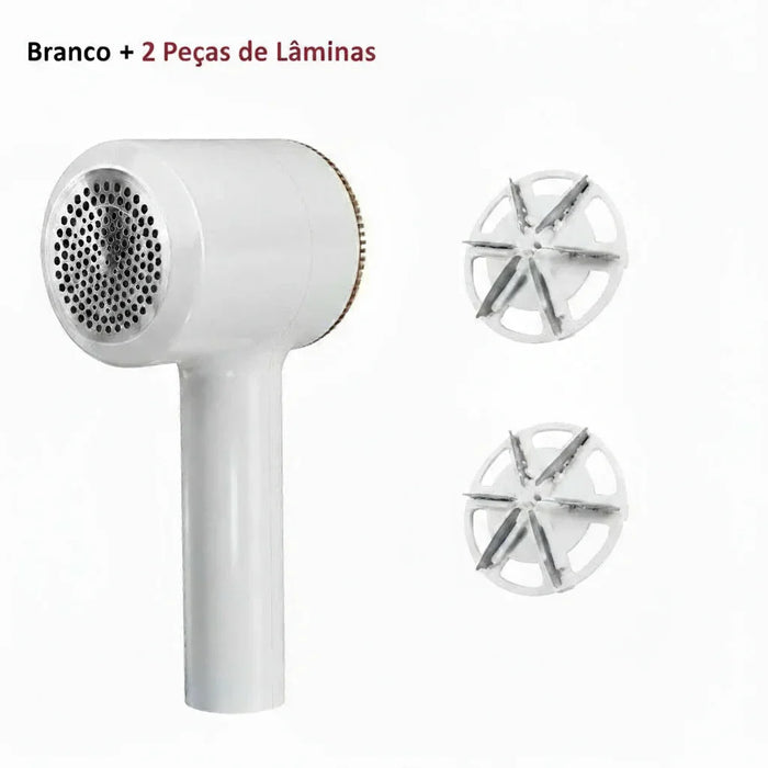 Removedor de fiapos branco com 2 lâminas de reposição em fundo branco