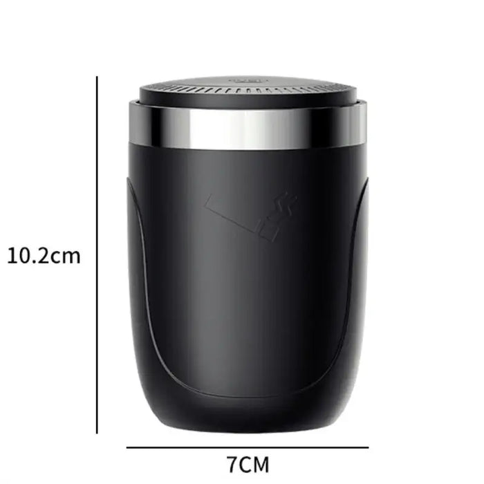 Cinzeiro automotivo preto cilíndrico com tampa, medidas 10,2 cm x 7 cm.