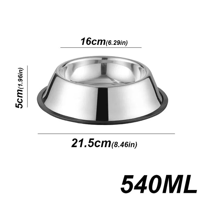 Tigela de aço inox para cachorro com capacidade de 540ml, dimensões 21,5x16x5cm.