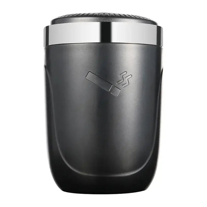 Cinzeiro portátil preto para carro com símbolo de cigarro e aro cromado