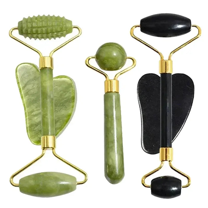 Kit de massageador jade roller e gua sha verde e preto para cuidados faciais