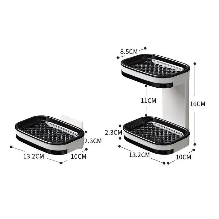 Porta sabonete preto e branco para banheiro com duas prateleiras, medidas detalhadas em cm.