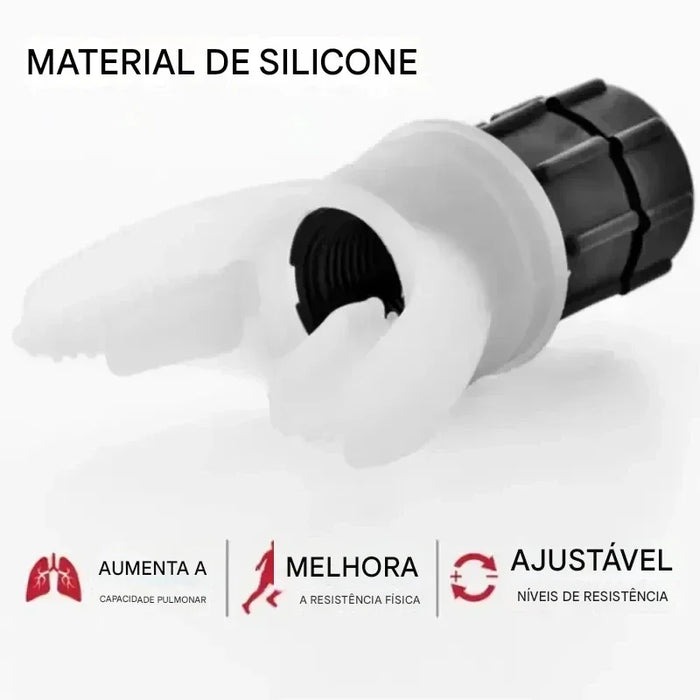Bocal de treino respiratório em silicone preto e branco, ajustável, aumenta capacidade pulmonar.