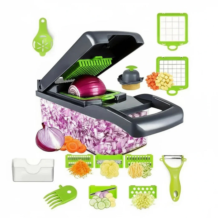 Cortador de legumes multifuncional com acessórios verdes, picando cebola roxa em cubos.
