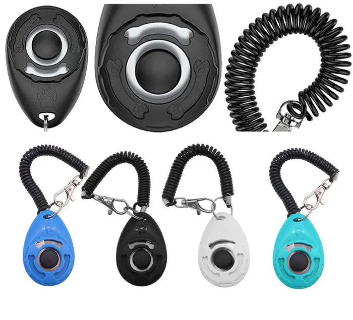 Clicker para adestramento pet, com pulseira espiral, disponível em várias cores.