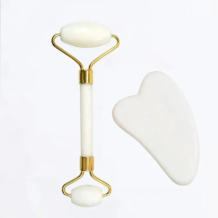 Kit massageador facial roller e gua sha de pedra branca para cuidados com a pele