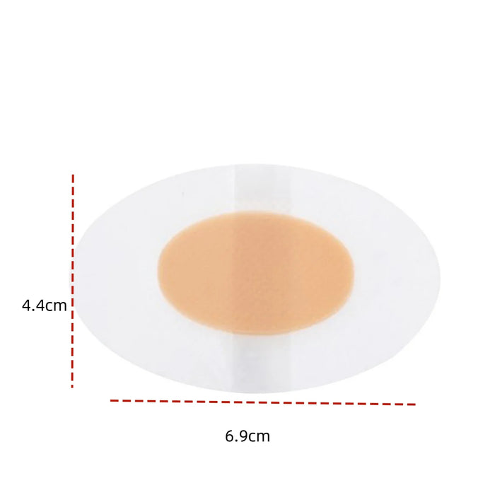 Curativo oval beijável transparente com centro bege, medidas 4,4 cm x 6,9 cm