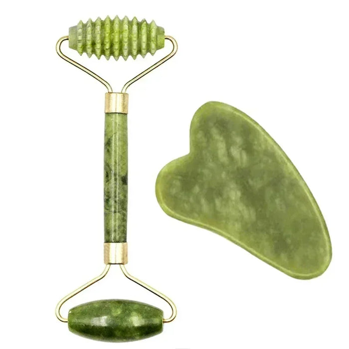 Rolo facial de jade e pedra gua sha verde para massagem e cuidados com a pele