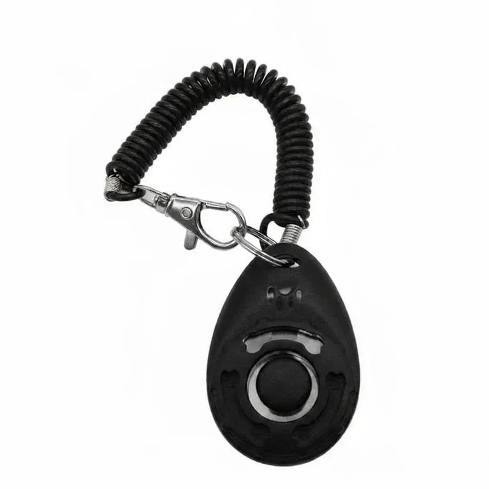 Chaveiro preto com alarme de segurança pessoal e cordão espiral, fundo branco.