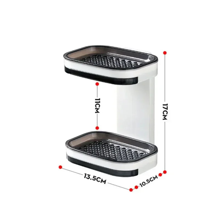 Prateleira plástica branca dupla para banheiro, medidas 17x13,5x10,5 cm, com laterais pretas.