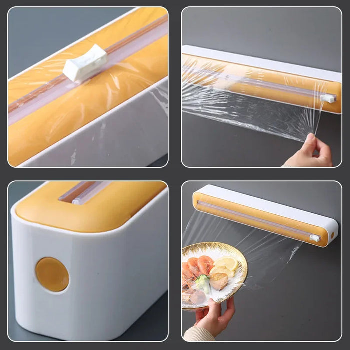 Dispenser de plástico filme para cozinha, branco e amarelo, embalando prato de comida