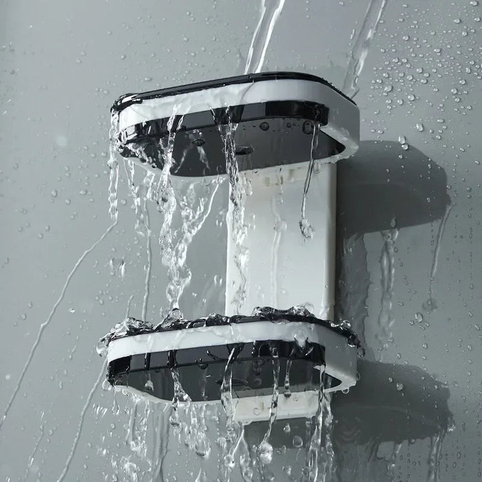 Prateleira de banheiro dupla resistente à água fixada na parede com gotas caindo, organizador para chuveiro.