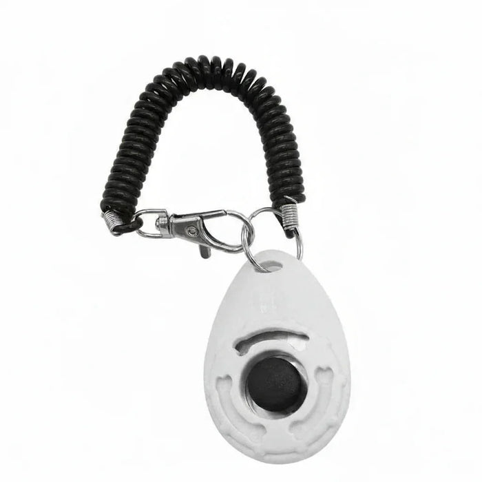 Clicker de adestramento branco com pulseira espiral preta para treinamento de cães