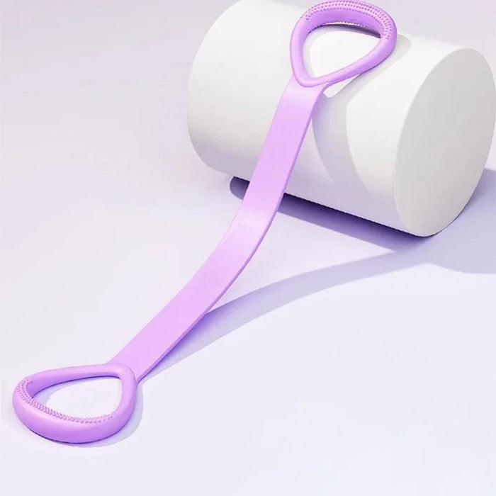 Alça elástica lilás para exercícios, com duas extremidades ovais, fundo claro minimalista.