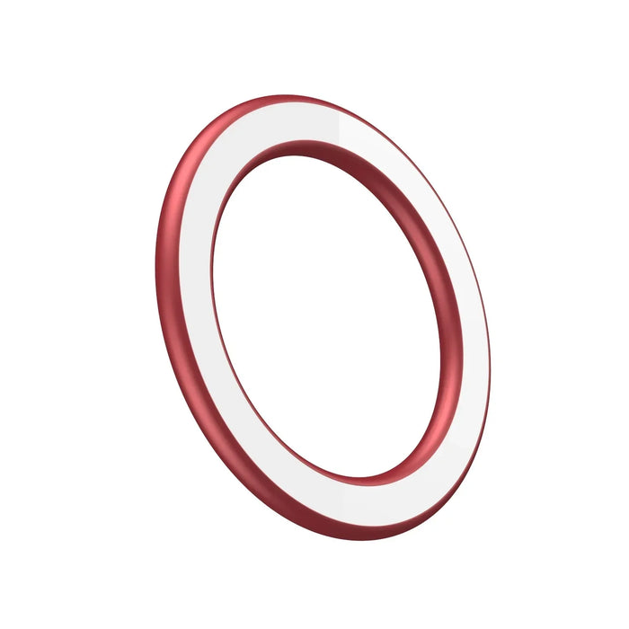 anel metálico vermelho com centro branco, isolado em fundo branco, acessório circular