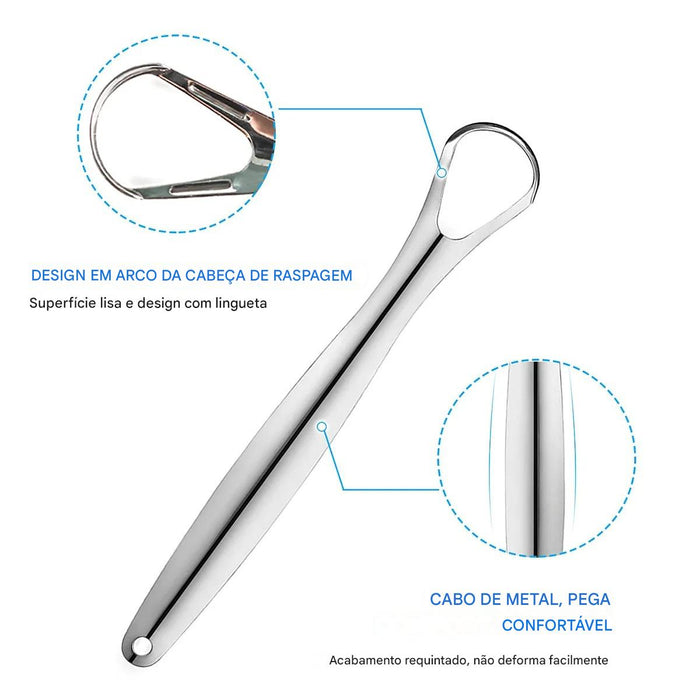 Raspador de língua de inox com design ergonômico e acabamento polido para higiene bucal