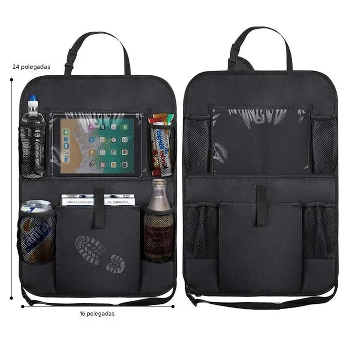 Organizador de assento para carro preto com bolsos para tablet, bebidas e acessórios