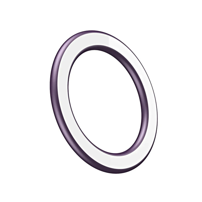 Anel circular branco e roxo sobre fundo branco, acessório moderno minimalista