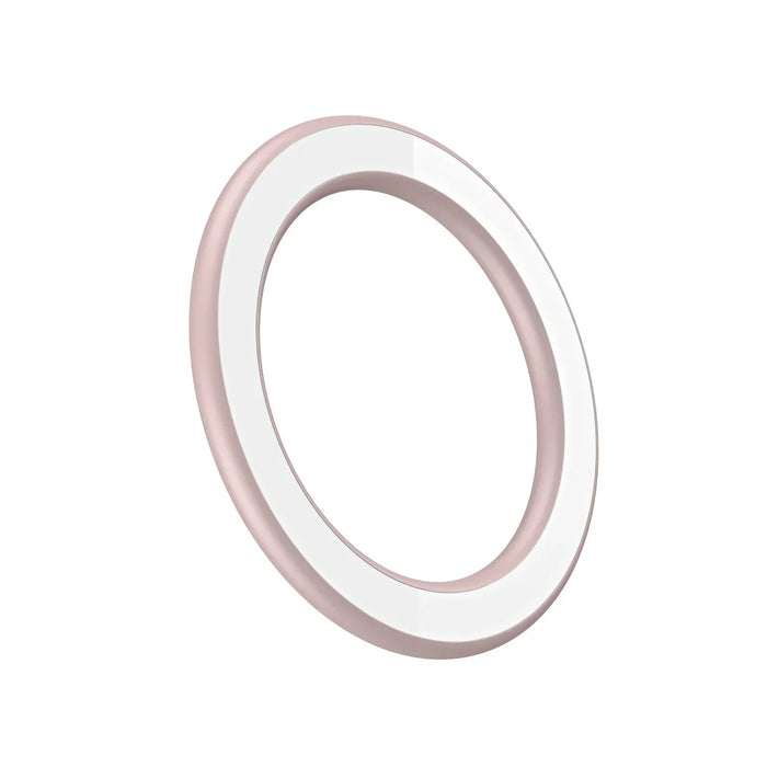 Aro circular de LED branco e rosa para iluminação, fundo branco, acessório moderno.